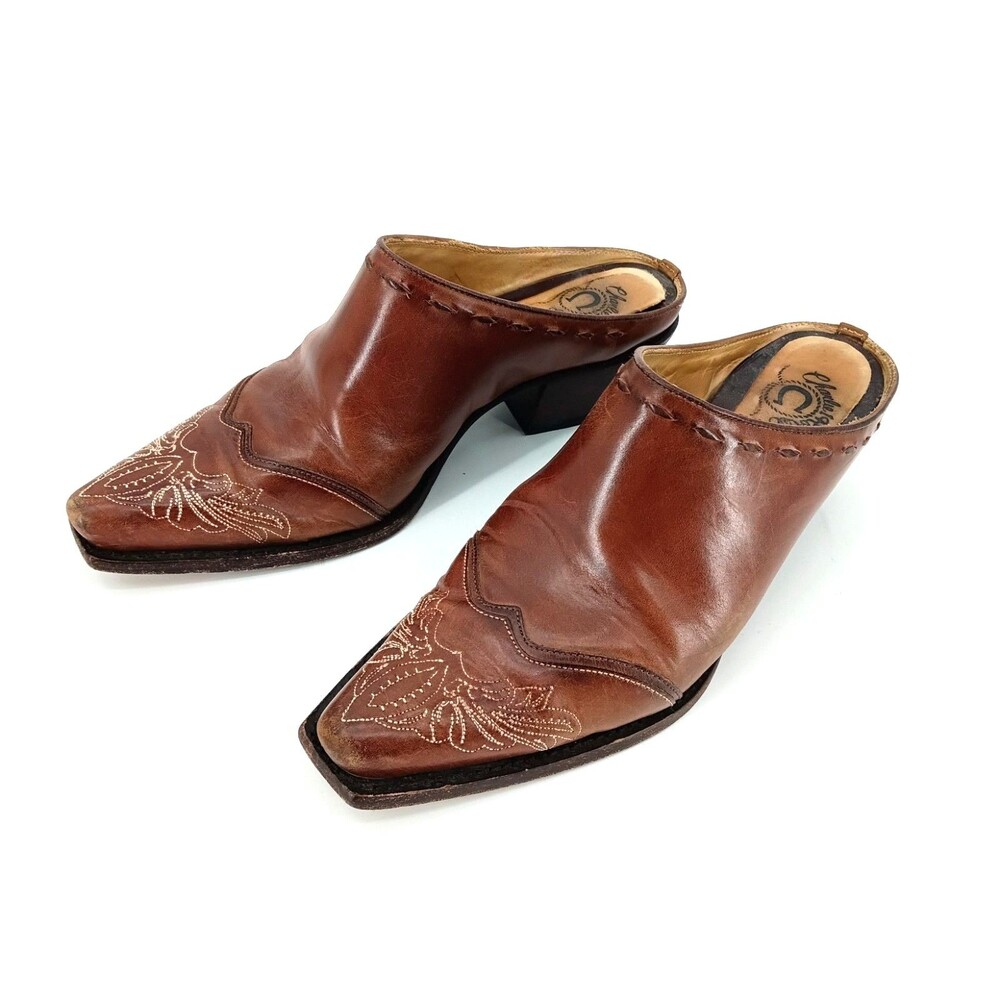 Charlie 1 Horse Lucchese Western Mules 8B 39 Brown Leather Embroidered Boho
